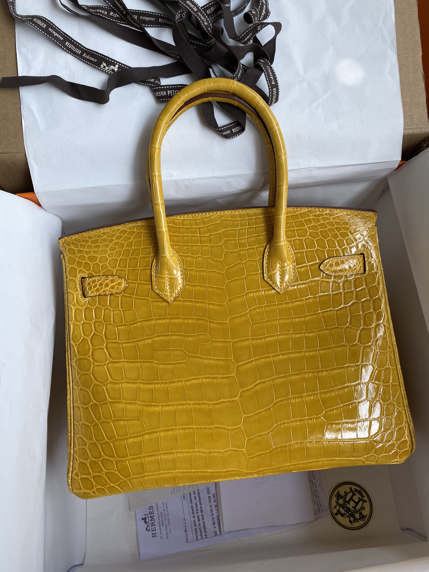 Hermes Birkin 30CM Handmade Bag In Amber Yellow Crocodile Niloticus Shiny Skin